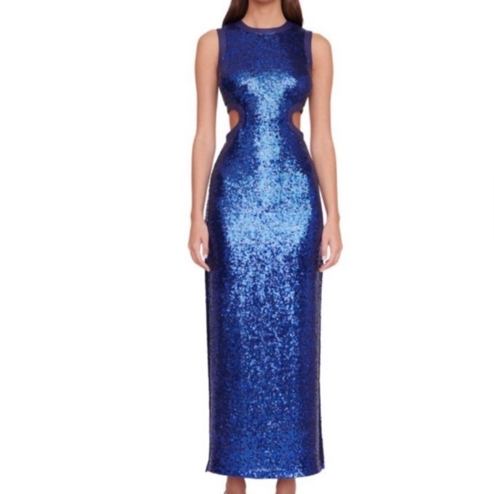 STAUD Royal Blue Sequin Backless Cutout Dress